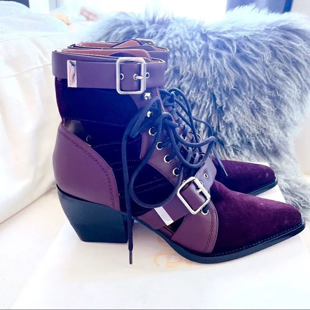 Chloe Rylee suede leather ankle boots deep purple